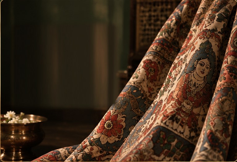Hand-painted kalamkari fabric draped beside a brass pot