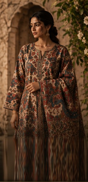 Model in a kalamkari kurta set beside a stone arch