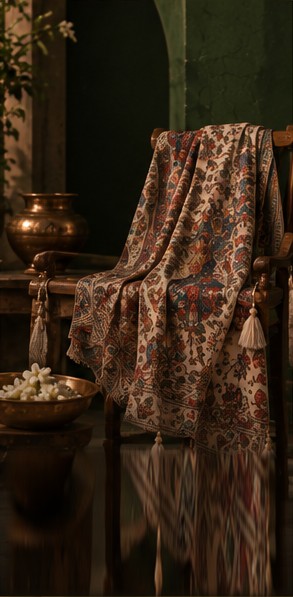 Kalamkari dupatta draped over a carved chair