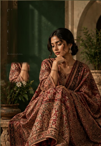 Model in a deep red kalakaari drape